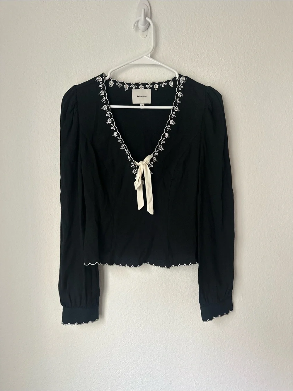 Reformation V-Neck Blouse with Cream Ribbon
